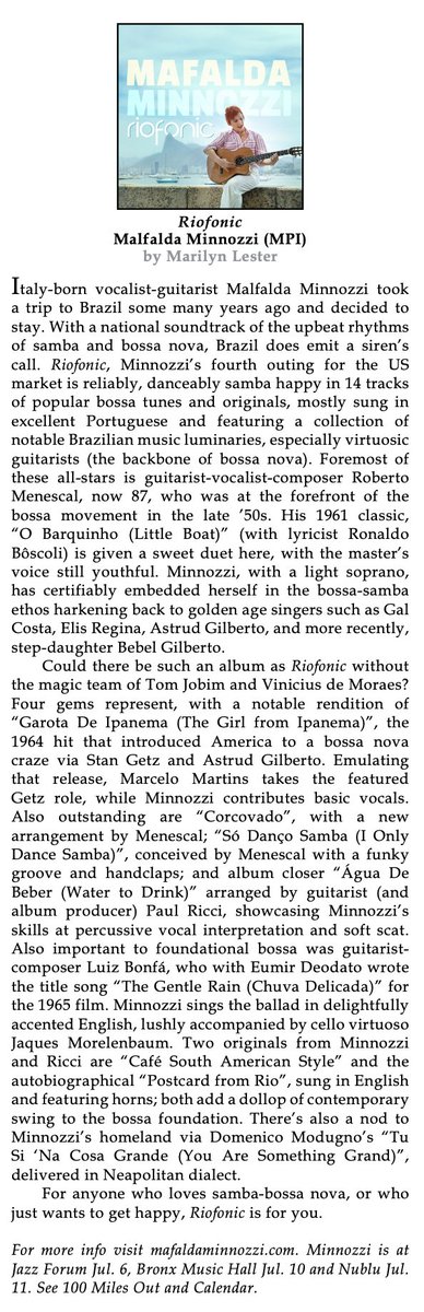 NYC Jazz Record (@nycjazzrecord) on Twitter photo See TNYCJR Jul. issue review (p. 23) of new release by vocalist <a href="/minnozzimafalda/">mafaldaminnozzisinger</a> who performs tonight (7/6) <a href="/JazzForumClub/">Jazz Forum</a>, then #BronxMusicHall (7/10) and Nublu (7/11). See TNYCJR Jul. issue review (p. 23) of new release by vocalist <a href="/minnozzimafalda/">mafaldaminnozzisinger</a> who performs tonight (7/6) <a href="/JazzForumClub/">Jazz Forum</a>, then #BronxMusicHall (7/10) and Nublu (7/11).