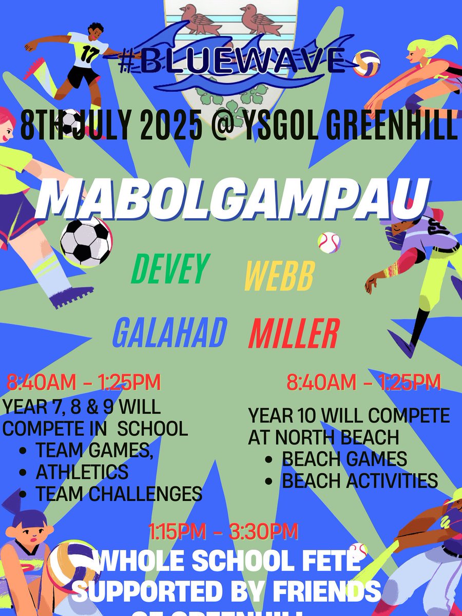 MrPJWilliamsPE (@mrpjwilliamspe1) on Twitter photo π¨ Health & Wellbeing AoLE Fixtures & Activities next week.
ποΈ Beach Cricket, Rounders and Touch Rugby <a href="/Dyffrynamanpe/">YsgolDyffrynAman PE</a>
π’π΅π΄π‘ Mabolgampau 2025
All pupils involved in Sports Day.
π’ Can Devey retain the trophy? π
π‘π΄π΅ Can Webb, Miller,Galahad win it this year?
#poblwcpawb π¨ Health & Wellbeing AoLE Fixtures & Activities next week.
ποΈ Beach Cricket, Rounders and Touch Rugby <a href="/Dyffrynamanpe/">YsgolDyffrynAman PE</a>
π’π΅π΄π‘ Mabolgampau 2025
All pupils involved in Sports Day.
π’ Can Devey retain the trophy? π
π‘π΄π΅ Can Webb, Miller,Galahad win it this year?
#poblwcpawb