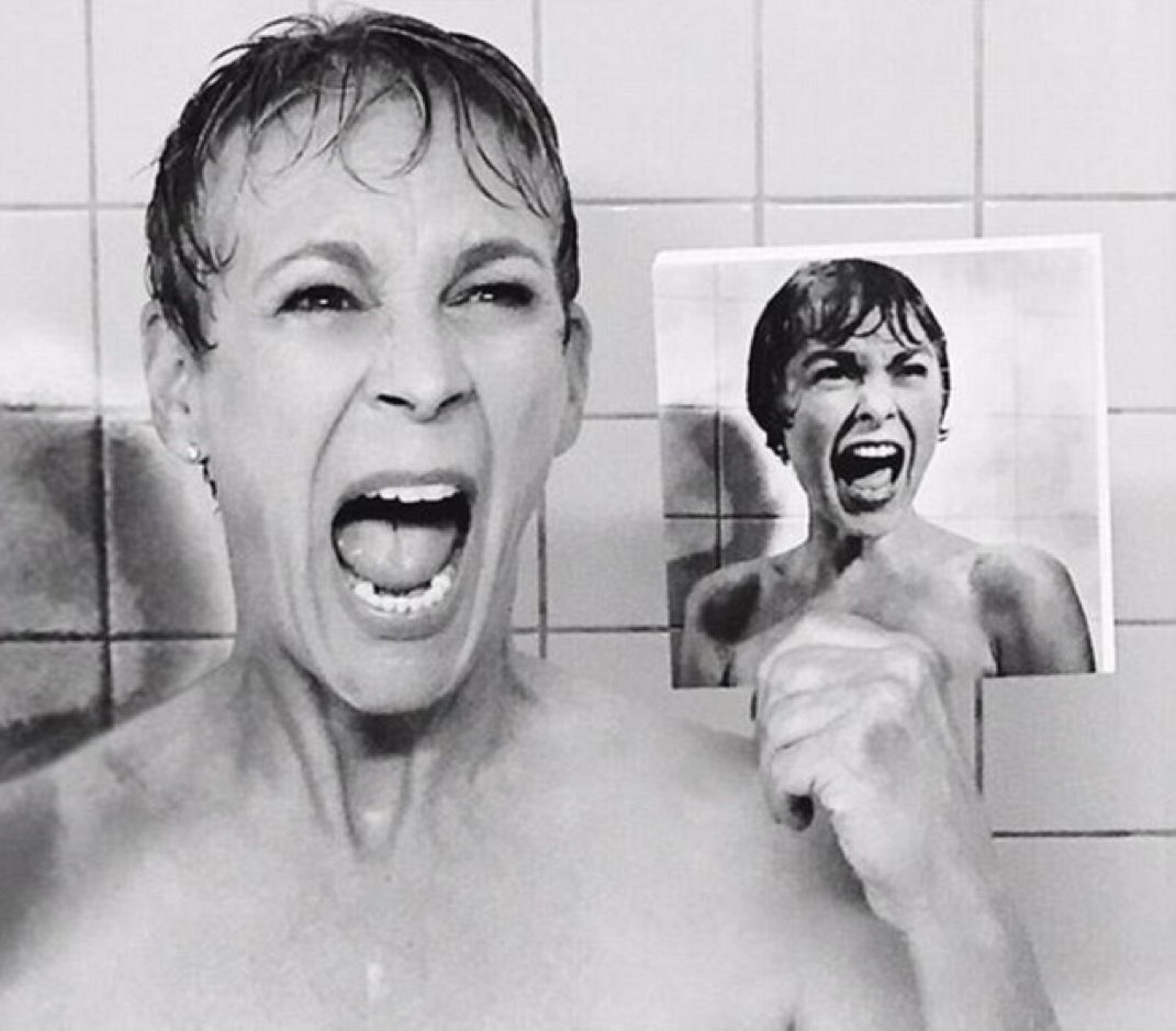 On the 63rd anniversary of PSYCHO, Jamie Lee Curtis recreates the most famous image of her mother, Janet Leigh.