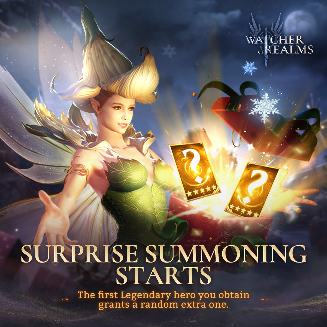 Surprise Invocation of Spirits

🎉During the event, the first Legendary hero you obtain in Surprise Invocation of Spirits grants an extra random Legendary hero. This takes effect 1 time ONLY.

See more details：
facebook.com/WatcherofRealm…

#watcherofrealms