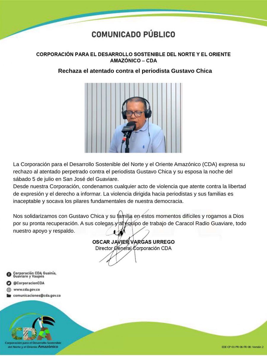 La Corporación CDA condena el atentado contra el periodista Gustavo Chica y su esposa en San José del Guaviare. Exigimos a las autoridades una investigación exhaustiva y medidas para garantizar la seguridad de los periodistas.<a href="/CaracolRadio/">Caracol Radio</a>
