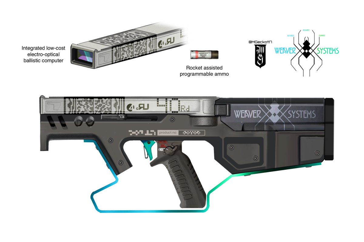 MGecko117's tweet image. Weaver Systems S-99, weapon design for Project Voidborne, my tactical sci-fi worldbuilding project set in an alien star system. Weaver Systems specializes in advanced military systems and cyber-solutions, making them the leading smart gun manufacturer in the Ultima System
