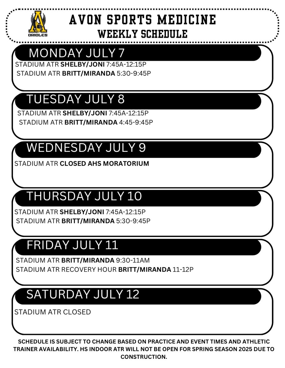 ATR Schedule for the upcoming week! Looking forward to seeing our student-athletes!