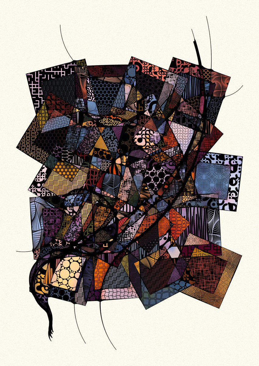 r1b2art's tweet image. Sunday art prompt:
Draw a few squares and 2 groups of lines, then 
fill the shapes created by the intersections with color and/or texture.