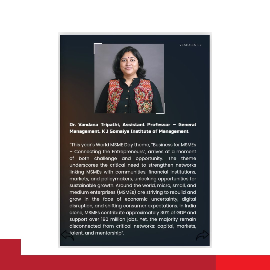 Celebrating India's MSMEs - Stories of passion, purpose and progress.

Dr Vandana Tripathi, Assistant Professor - General Management, K J Somaiya Institute of Management, explores how connecting entrepreneurs to the right networks is crucial for sustainable growth. 🌱

Click here