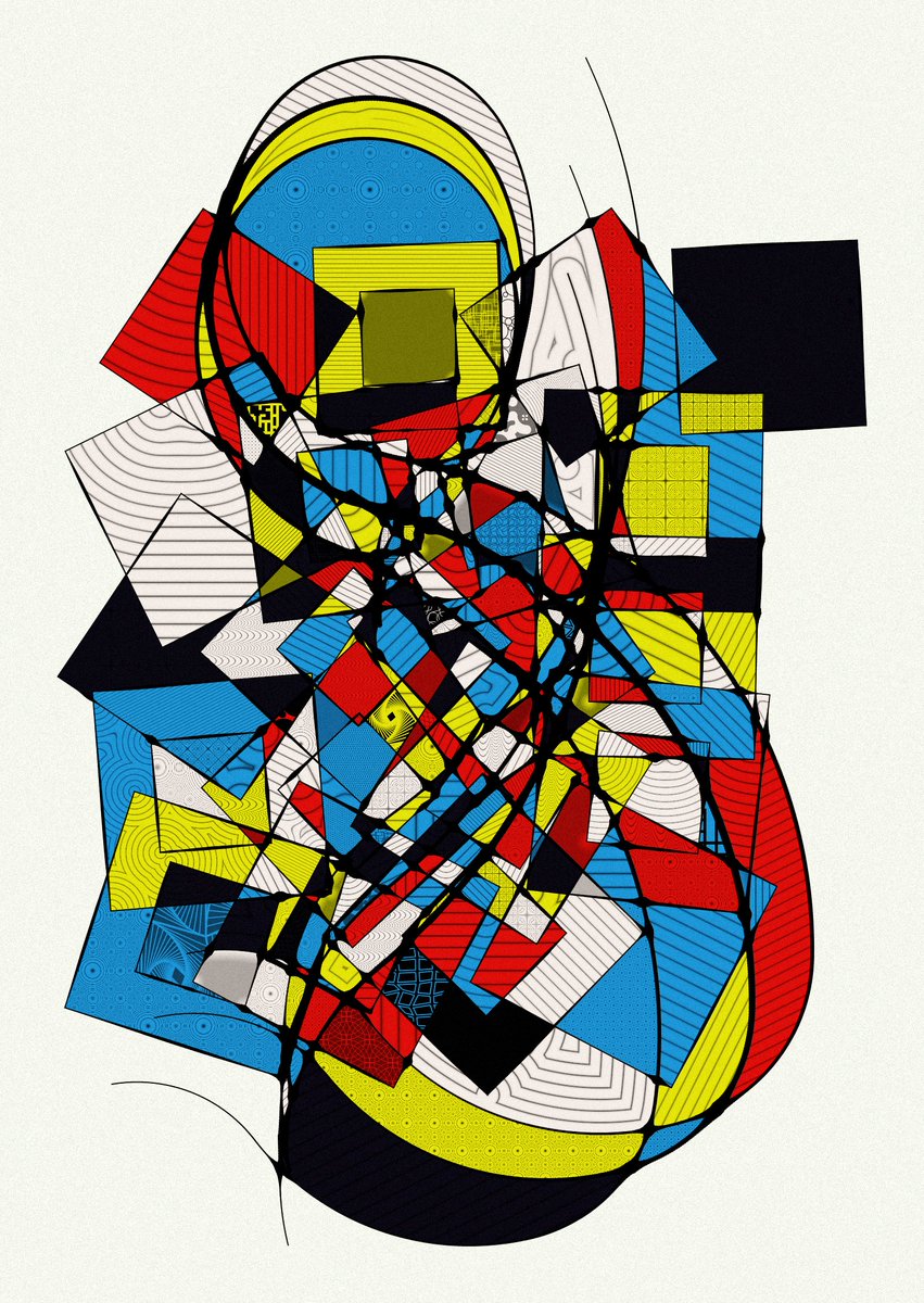 r1b2art's tweet image. Sunday art prompt:
Draw a few squares and 2 groups of lines, then 
fill the shapes created by the intersections with color and/or texture.
