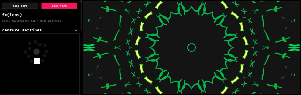 TeNinEightNFTs's tweet image. The actual rendering is always in square format (when you right click -&amp;gt; save as...) but the browser may just crop it from the center to always fill the screen.
#openform #GenerativeArt #fxhash