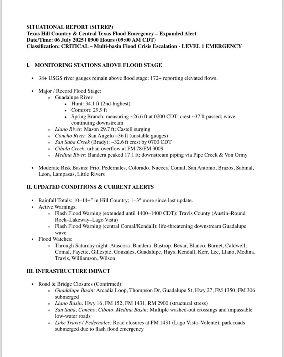 CarrieIsaac's tweet image. 🚨 FLASH FLOOD EMERGENCY – LEVEL 1 🚨
Latest situational report:
38+ USGS gauges above flood stage, with another 172+ showing elevated flows.
Major/record floods on Guadalupe, Llano, Concho, San Saba, Medina, and Cibolo River basins.
10–14″+ of rainfall in the Hill Country—with…