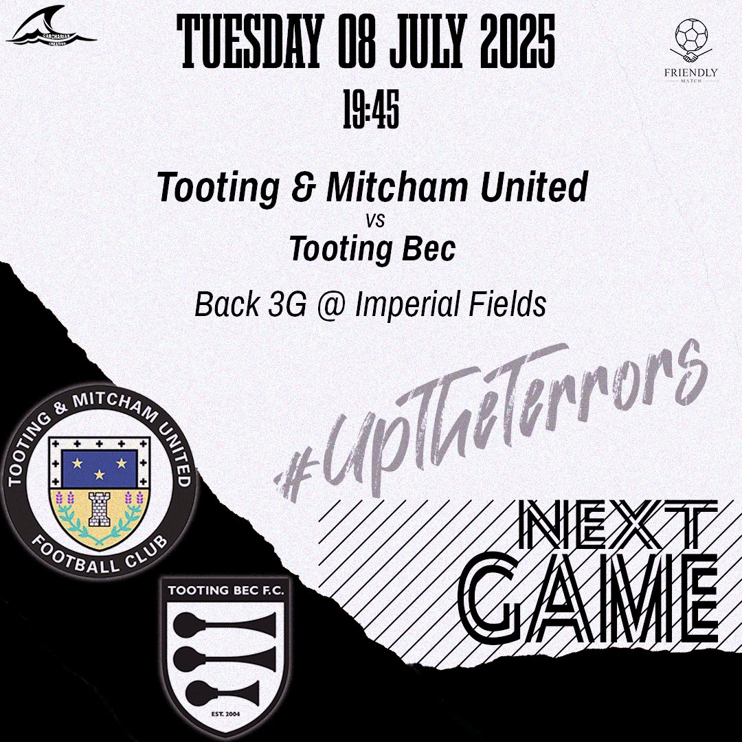 Tooting & Mitcham United FC (@officialtmufc) on Twitter photo On Tuesday we host <a href="/TootingBecFC/">Tooting Bec FC</a> for our second pre-season match.
Kick off is 7.45pm on the back 3G pitch.
🏆Friendly
⚽️Tooting Bec FC
🗓️Tuesday 8 July, 7.45pm
📍Imperial Fields Back 3G, SM4 6BF.
🎟️£3 adults. Under 18 FREE.
🍺Sports Bar open
Season ticket forms will be On Tuesday we host <a href="/TootingBecFC/">Tooting Bec FC</a> for our second pre-season match.
Kick off is 7.45pm on the back 3G pitch.
🏆Friendly
⚽️Tooting Bec FC
🗓️Tuesday 8 July, 7.45pm
📍Imperial Fields Back 3G, SM4 6BF.
🎟️£3 adults. Under 18 FREE.
🍺Sports Bar open
Season ticket forms will be