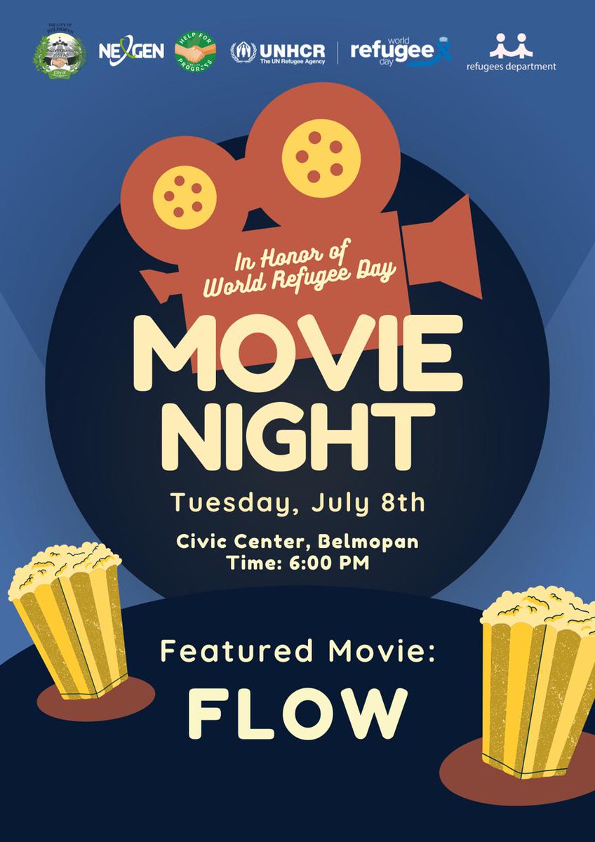 🎬 Movie Night is Back On!! 🌍
In honor of World Refugee Day, join us this Tuesday, July 8th at the Civic Center in Belmopan for a special screening of FLOW!
🍿 Starts: 6:00 PM 

Let’s celebrate strength, hope, and community. 💙
#WorldRefugeeDay #FLOWMovie