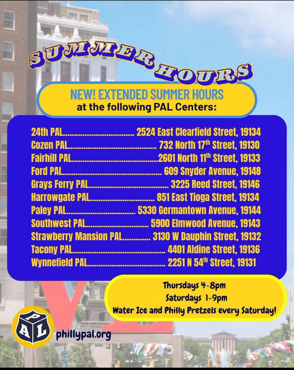 PPDMyeshaMassey's tweet image. Hey there, Philly! 🌟 Great news for our kids! All the @PhillyPAL centers are open and ready for fun! Plus, we're launching our Police Explorers programs in the @PhillyPolice divisions. Our kids have many excellent opportunities to get involved and feel safe! Hope to see you!