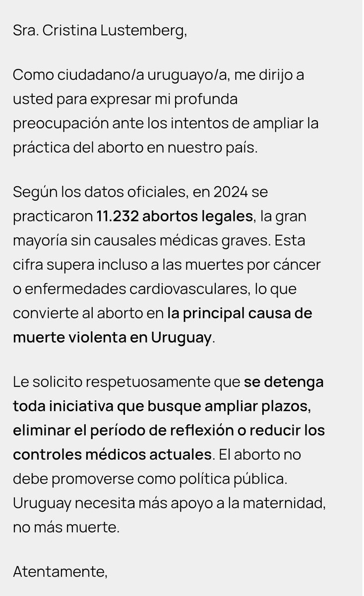 No te quedes en silencio frente al avance de la cultura de la muerte en Uruguay. 
El gobierno quiere ampliar los plazos legales para el aborto y eliminar el período de reflexión.
Haz tu parte 
Pon tu firma y defendamos juntos la vida! 
abogadoscristianos.lat/lat/peticion/a…