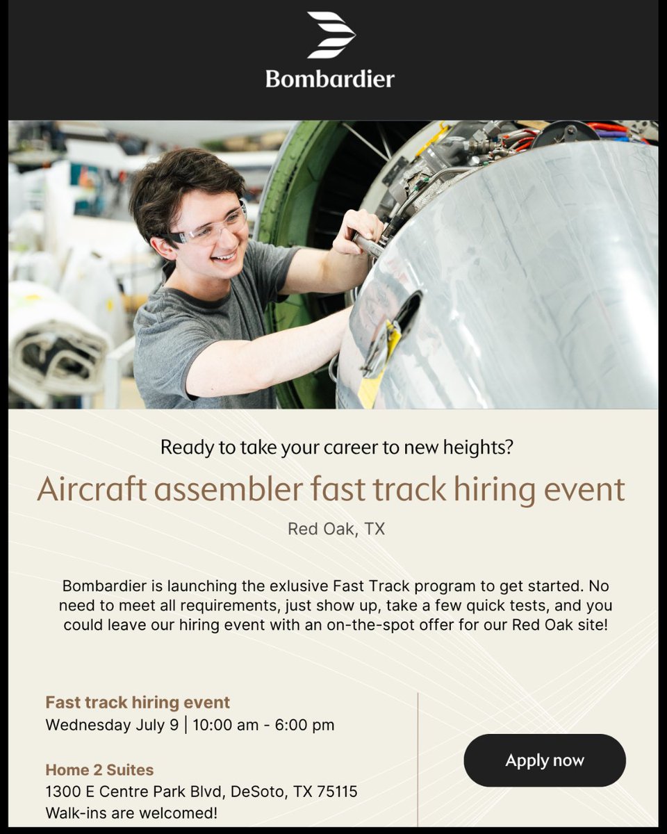 Bombardier is launching an exclusive Fast Track Program, and you're invited to our Hiring Event in Red Oak!
 
🗓️ Date: July 9, 2025
🕑 Time: 10:00 AM - 6:00 PM
📍 Location: Home 2 Suites, Red Oak
 
Apply now, it counts as registration too: bit.ly/4ni5Rj5