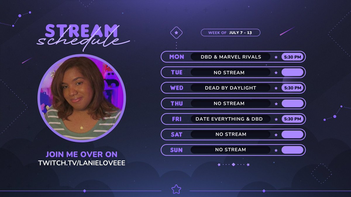 Streams are returning after life emergencies and it's conveniently my 7-year stream anniversary this Wednesday! I look forward to catching up with everyone and reminiscing on the good times. Catch me over at twitch.tv/lanieloveee! All times are in CDT. 🤍