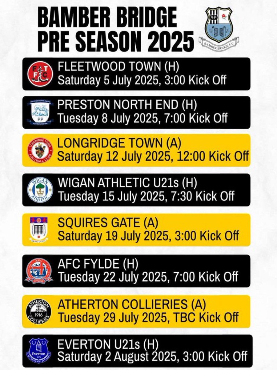 Bamber Bridge FC (@bamberbridgefc) on Twitter photo Pre-season continues this Tuesday when we welcome <a href="/pnefc/">Preston North End FC</a>
π Tue 8 Jul, 7pm
π· Β£10/Β£5*
π<a href="/TheTeamStop/">The Team Stop</a> pop up kit shop
*Cash or card on the gate, but unless you want to stand in a queue like you are waiting for a spud on the flag market, weβd recommend cash π
#UpTheBrig Pre-season continues this Tuesday when we welcome <a href="/pnefc/">Preston North End FC</a>
π Tue 8 Jul, 7pm
π· Β£10/Β£5*
π<a href="/TheTeamStop/">The Team Stop</a> pop up kit shop
*Cash or card on the gate, but unless you want to stand in a queue like you are waiting for a spud on the flag market, weβd recommend cash π
#UpTheBrig