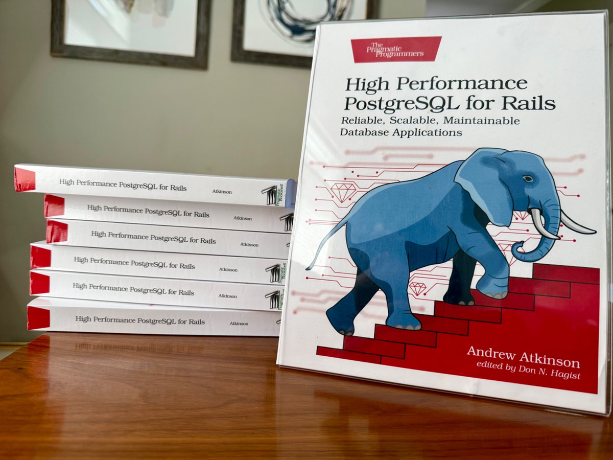 andatki's tweet image. Win one of 6 copies being given away for free at #RailsConf of High Performance PostgreSQL for Rails.

Join my newsletter at pgrailsbook.com for more info.

Find me at 10:30 AM for “Meet the Authors” on Day 1, Tues July 8.

Or attend my talk at 4:15PM. See you soon!