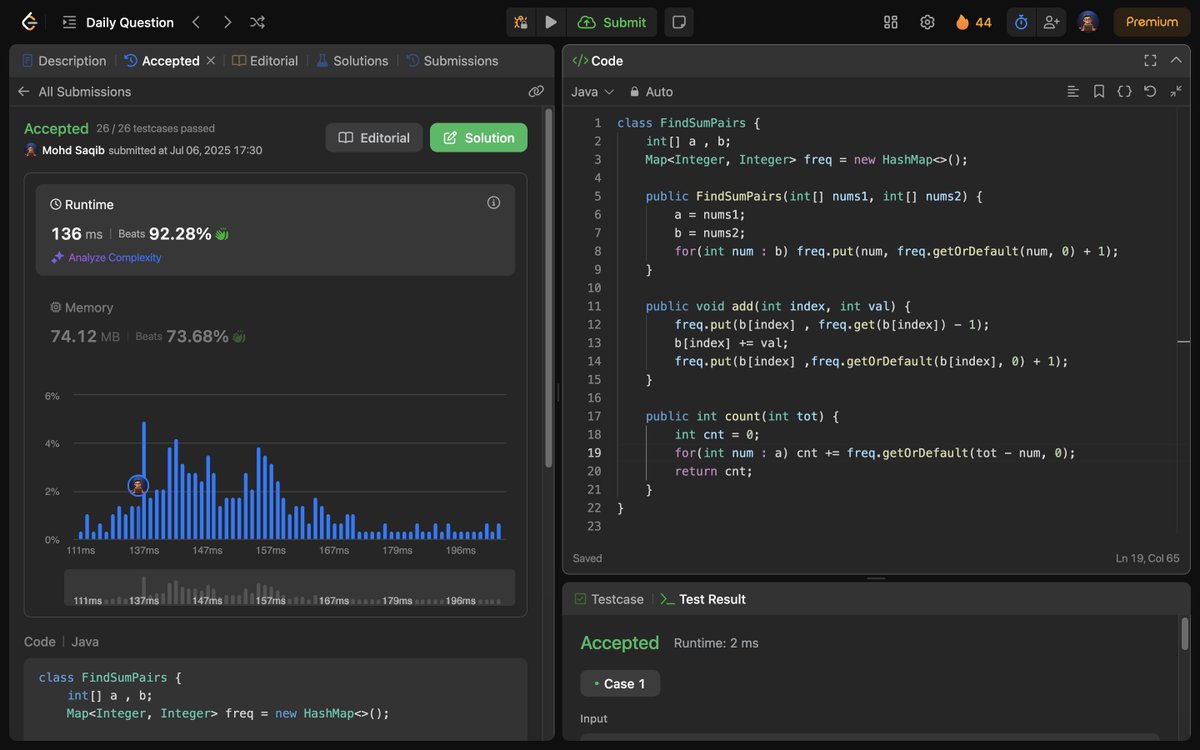 Mohd_Saqib_'s tweet photo. 🚀 Day 348 of Code 🚀
Solved :
✅ 1865. Finding Pairs With a Certain Sum (POTD)
#Day348 #LeetCode #DSA #ProblemSolving #HashMap #CodingChallenge #100DaysOfCode #Algorithms #DataStructures https://t.co/AiTdMCvFck
