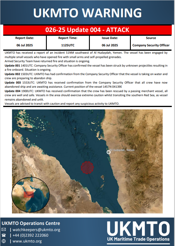 UK_MTO's tweet image. UKMTO WARNING INCIDENT 026-25 - ATTACK - Update 004
ukmto.org/-/media/ukmto/…
#MaritimeSecurity #MarSec