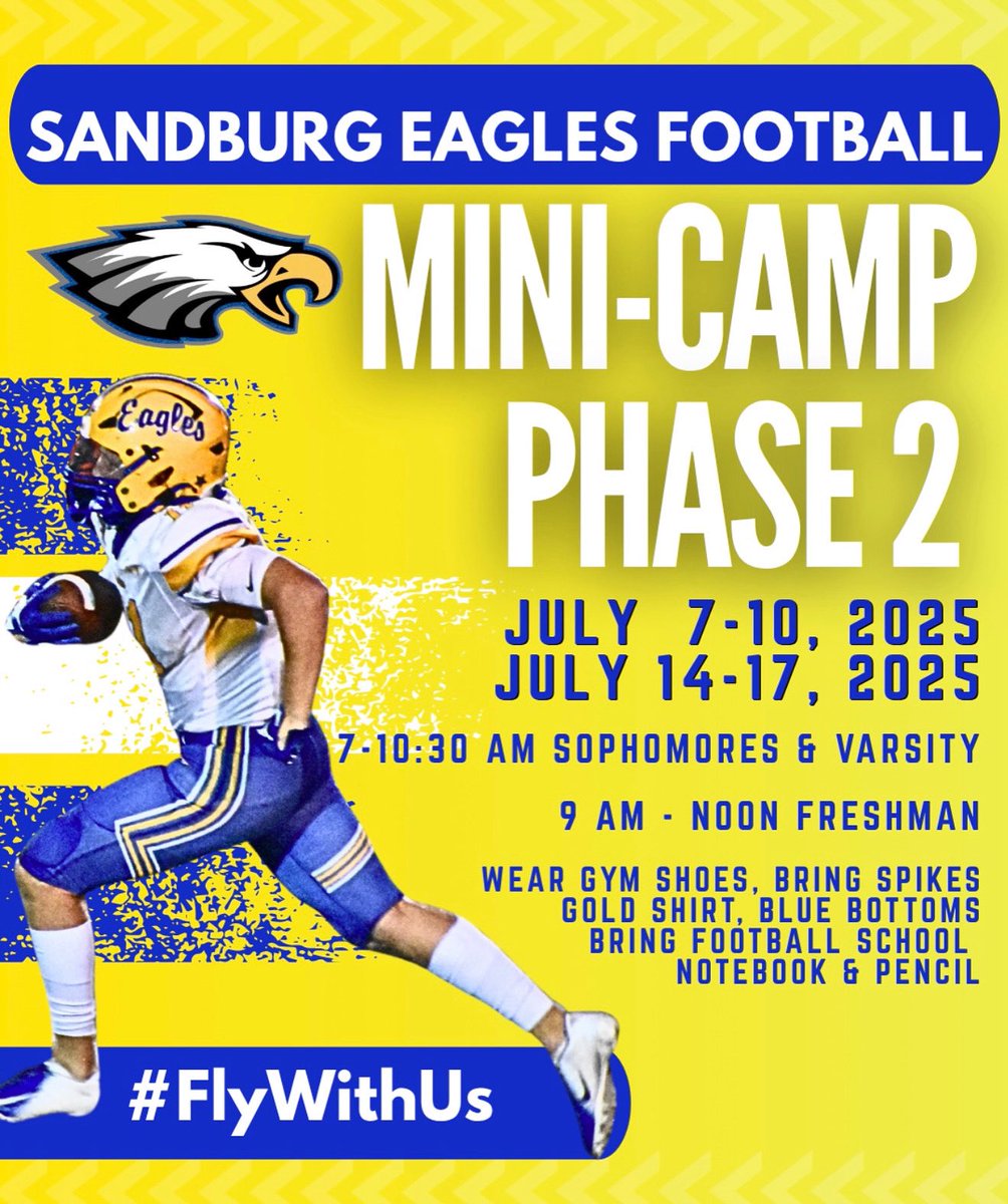 Phase 2 / Week 1 Summer Camp starts back up tomorrow! 

Freshmen 1st day as well. Enter W8 doors for check in &amp; proceed to the weight room. Make sure you have gym shoes, spikes and blue shorts for camp. Welcome to Sandburg Football! 

GO EAGLES! 

#Team71 
#FlyWithUs 🟡🔵🦅🏈