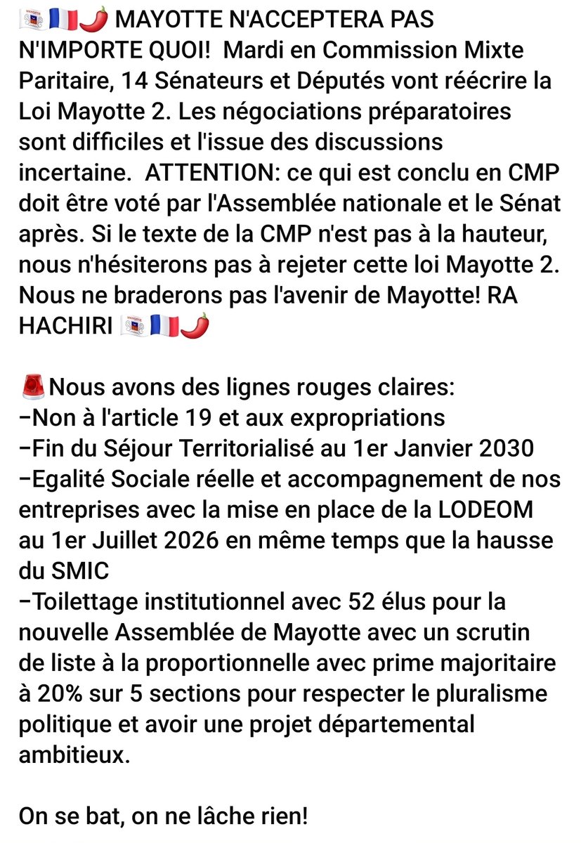 La #Loi #Mayotte 2 est historique. Mardi en CMP, le compromis avec les Sénateurs doit aboutir à un texte à la hauteur: lutte contre l'immigration clandestine + partage du fardeau migratoire, égalité sociale avec #LODEOM, #Reconstruction avec/pour les Mahorais. Pas plus. Pas moins