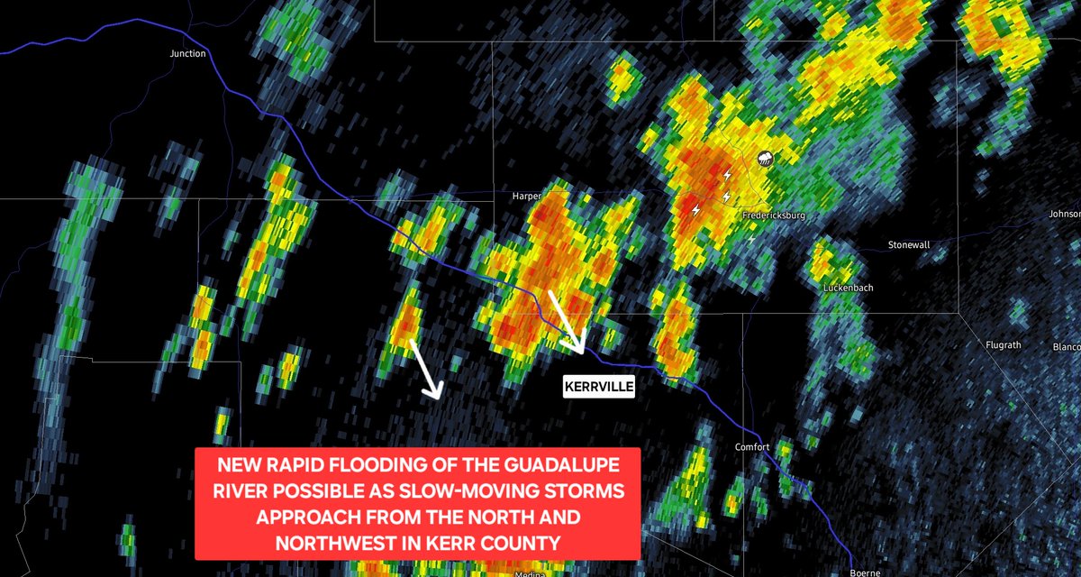 Again... Kerrville. 

Another round of very slow-moving, torrential downpours are expanding and moving in from the northwest. This could lead to rapid flooding of the Guadalupe and other nearby creeks/rivers. Move to higher ground! #txwx