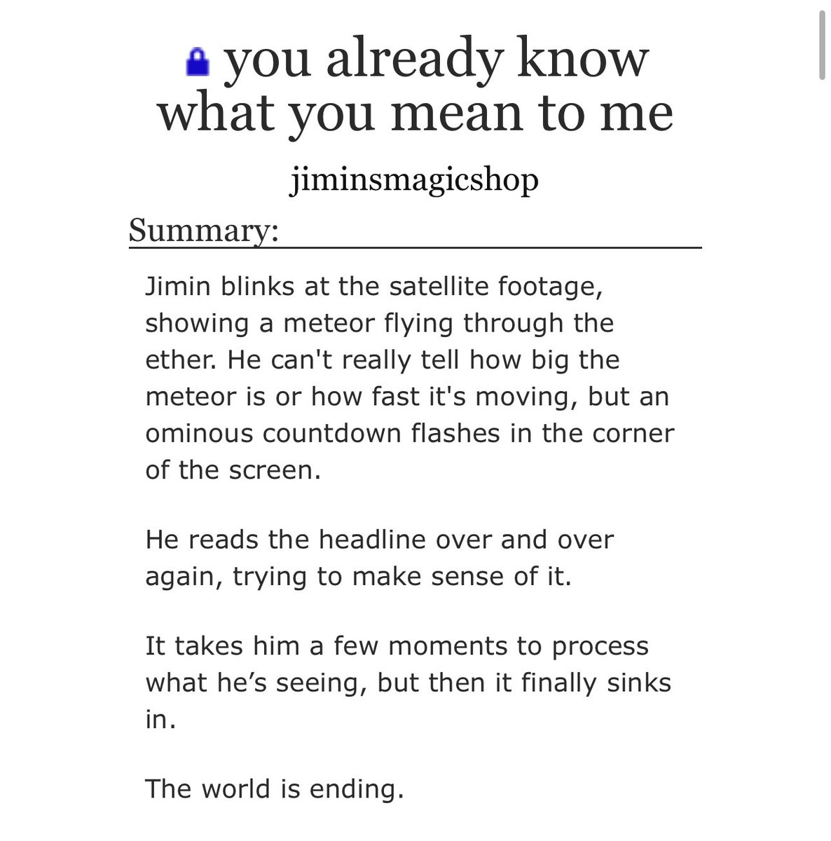 jiminzmagicshop's tweet photo. my end of the world fic for first round of @Yoonminiesfest 🥺

https://t.co/xZzj2ZHczC https://t.co/dBRpa8O7eS