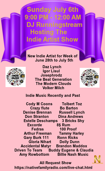 Native Family Radio (@native_radio) on Twitter photo nativefamilyradio.com/live-chat.html DJ Runningstreams indie show tonight @ 9PM EST. <a href="/DazLynchMusic/">Daz Lynch (Music)</a> <a href="/ulganima1984/">Igor Lisul</a> <a href="/volkermilch/">Volker Milch Music</a> <a href="/TheModernClouds/">The Modern Clouds</a> <a href="/CrazyFluteMusic/">Flute Holland</a> <a href="/LorneReid/">8$Rum</a> <a href="/StefaniFedra/">Fedras</a> <a href="/glow122/">Gloria Nihart</a> <a href="/RowbottomA97298/">Amy Rowbottom 🎙️</a> <a href="/TolbertToz/">TolbertToz</a> <a href="/guitarsnglitter/">Dina Andrews</a> <a href="/DunnDolly/">Dolly Dunn</a> <a href="/Bmadmusic/">Brandon Maddox</a> <a href="/BuddyEugene/">Buddy Eugene</a> <a href="/BNashOfficial/">Billie Nash</a> nativefamilyradio.com/live-chat.html DJ Runningstreams indie show tonight @ 9PM EST. <a href="/DazLynchMusic/">Daz Lynch (Music)</a> <a href="/ulganima1984/">Igor Lisul</a> <a href="/volkermilch/">Volker Milch Music</a> <a href="/TheModernClouds/">The Modern Clouds</a> <a href="/CrazyFluteMusic/">Flute Holland</a> <a href="/LorneReid/">8$Rum</a> <a href="/StefaniFedra/">Fedras</a> <a href="/glow122/">Gloria Nihart</a> <a href="/RowbottomA97298/">Amy Rowbottom 🎙️</a> <a href="/TolbertToz/">TolbertToz</a> <a href="/guitarsnglitter/">Dina Andrews</a> <a href="/DunnDolly/">Dolly Dunn</a> <a href="/Bmadmusic/">Brandon Maddox</a> <a href="/BuddyEugene/">Buddy Eugene</a> <a href="/BNashOfficial/">Billie Nash</a>
