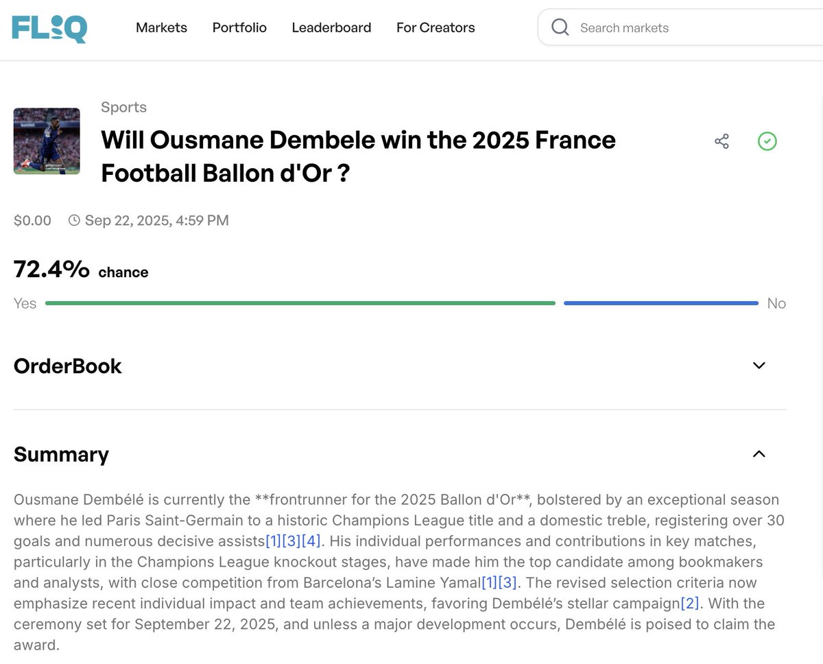 Surbhi Singh 🗿🌐 (@surbhibarar) on Twitter photo Spotted this market on <a href="/predictonfliq/">Fliq Predictions 🗿🌐</a> :
“Will Ousmane Dembélé (<a href="/dembouz/">Ousmane Dembélé</a> ) win the 2025 France Football Ballon d'Or?”
Sounds wild at first. But then I dug in 👇
🇫🇷 France are Euro 2024 favorites.
🧨 Dembélé’s had flashes of brilliance - and if he peaks during the Euros (goals Spotted this market on <a href="/predictonfliq/">Fliq Predictions 🗿🌐</a> :
“Will Ousmane Dembélé (<a href="/dembouz/">Ousmane Dembélé</a> ) win the 2025 France Football Ballon d'Or?”
Sounds wild at first. But then I dug in 👇
🇫🇷 France are Euro 2024 favorites.
🧨 Dembélé’s had flashes of brilliance - and if he peaks during the Euros (goals