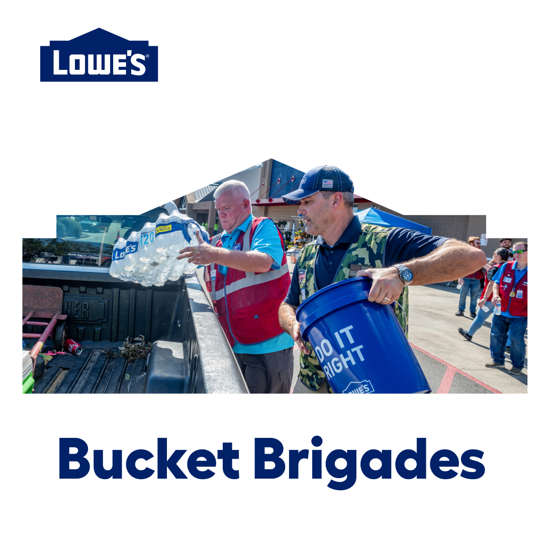 Lowes's tweet image. Severe weather has devastated areas in Texas, and we’re ready to lend a hand.
Stop by these locations for free buckets of supplies. One bucket per car and while supplies last:
7/7
📍Lowe’s of San Angelo, TX
9:00 am
7/8
📍Lowe’s of Kerrville, TX
1:00 pm