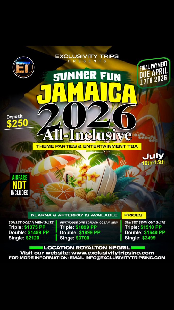 DJSYLK's tweet photo. Join the Exclusivity Trips Travel group in beautiful Jamaica July 10-15th 2026 Deposits due July 31st $250 Per Person book at https://t.co/mbDfsZ1qXq https://t.co/wAFTBdUslz