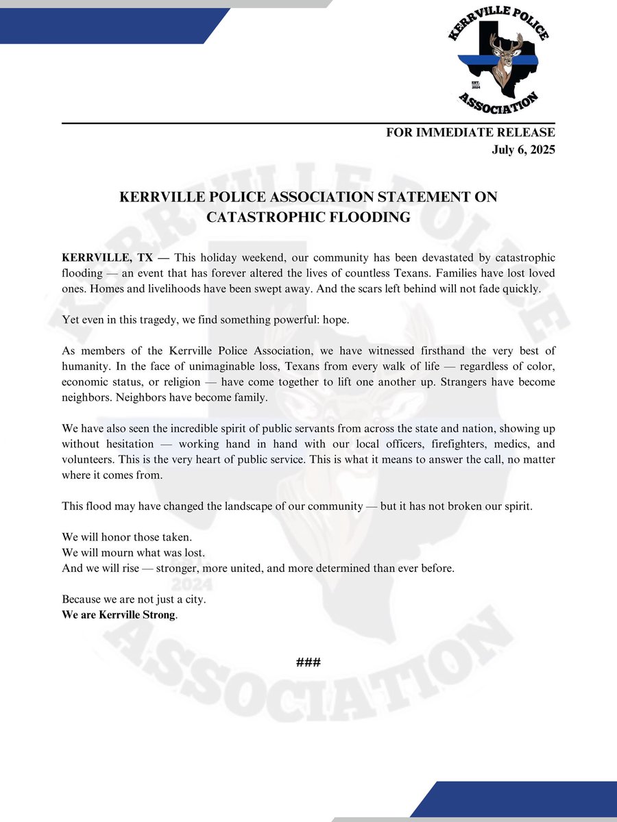 🚨Kerrville Police Association Press Release🚨

As search and rescue efforts continue in the wake of catastrophic flooding, the Kerrville Police Association has released a statement on the devastation, the unity, and the unwavering spirit of service.

Read the full statement.