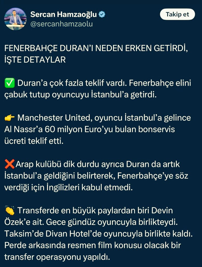 Devamıda var hatta;

Jhon Duran Manchester taraftarına dönüp 'Sizin paranız benim içimdeki Fenerbahçe sevgisini satın almaya yetmez'diyor.

Bunu duyan Ali Koç gözyaşlarına hakim olamıyor ve Duran ile gözgöze gelip sarılıyorlar. Sonra yatsı namazını kılıp dağıtıyorlar. (Net bilgi)