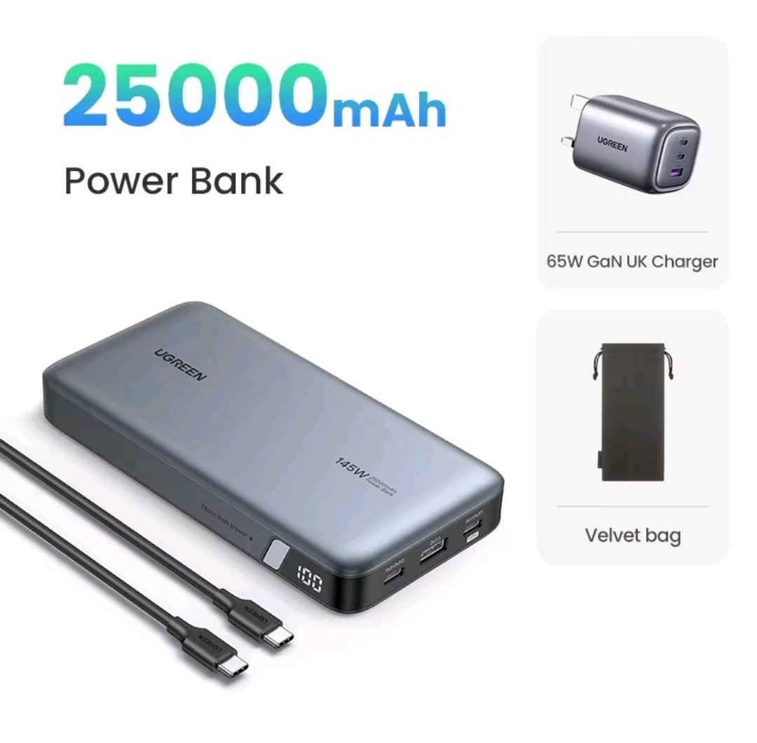 وهنا خيار ثاني من UGREEN
▫️ يجي معه رأس شاحن 65w
▫️ سعة البطاريه 25000mAh
▫️ قدرة شحن 145W
 بـ 195🔥
استخدمو كود PNLN701 +بطاقة الرياض 💳
رابط المنتج ⬇️
s.click.aliexpress.com/e/_ooufdnc