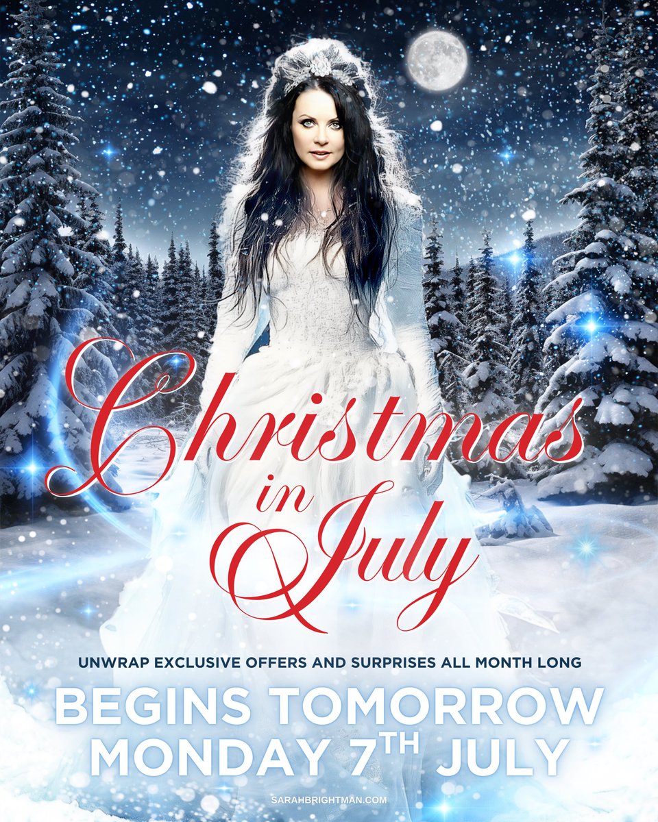 SarahBrightman's tweet image. Sarah’s very special ‘Christmas in July’ celebrations begin TOMORROW! ❄️
Check back throughout the month for surprises - and don’t miss your chance to save with exclusive discounts, and celebrate the magic of the festive season with Sarah!
#XmasinJuly