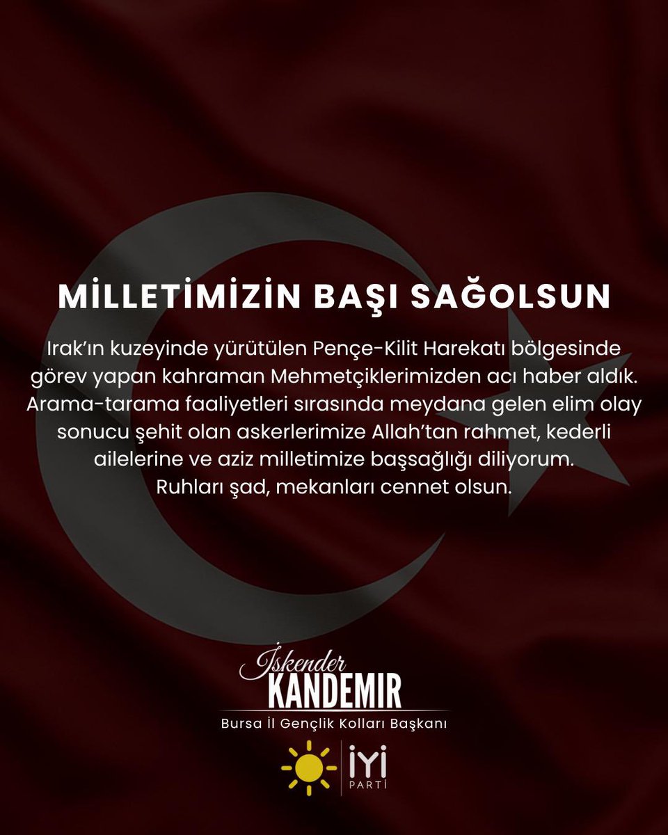 Kuzey Irak’ta arama-tarama çalışmaları sırasında bir mağarada 5 askerimiz metan gazı zehirlenmesi sonucu şehit düştü.
Şehitlerimize Allahtan rahmet, yakınlarına sabır dileriz. 
Milletimizin başı sağolsun 🇹🇷