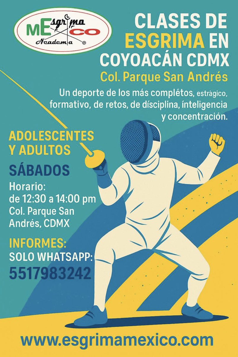 EsgrimaMexico's tweet photo. ‼️Inicio de curso TRES ARMAS 
Clases de esgrima inicio sábado 9 de Agosto 🤺
Informes: Solo whats app https://t.co/VhQ40nxxT6