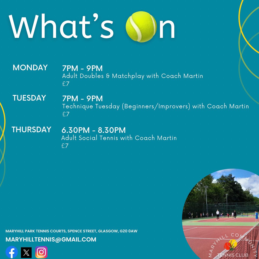 Maryhill Community Tennis Club SCIO (@maryhilltennis) on Twitter photo This weekโs tennis! ๐๐พ๐
For any queries or information on joining our sessions, please contact maryhilltennis@gmail.com.
#growingthegame #maryhilltennis #teammctc #maryhill #glasgow This weekโs tennis! ๐๐พ๐
For any queries or information on joining our sessions, please contact maryhilltennis@gmail.com.
#growingthegame #maryhilltennis #teammctc #maryhill #glasgow