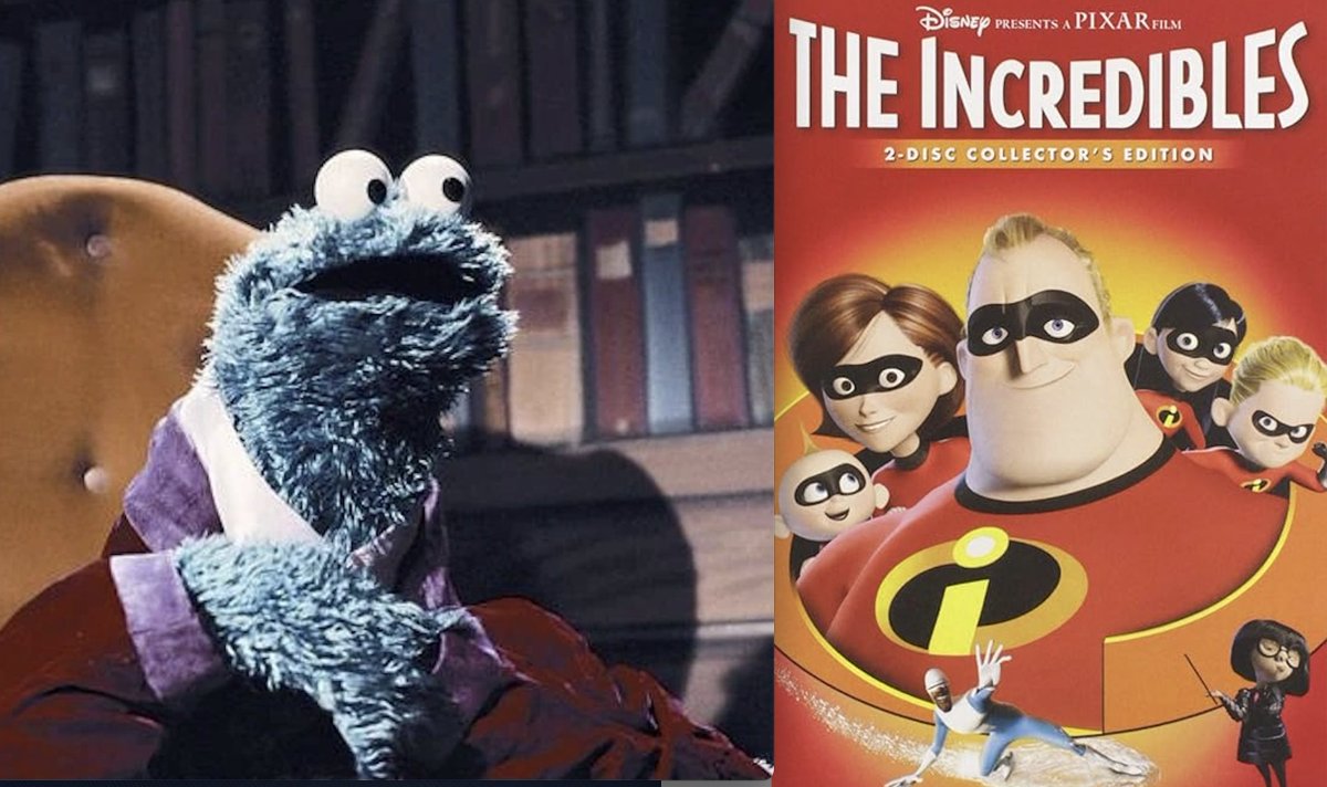 f_CookieMonster's tweet image. Cookie Monster movie review: The Incredibles (2004)
Me know, me know. You expecting monster to say dis movie be SUPER. Or mebbe INCREDIBLE! But me not so obvious. No, monster more unprediktable den Kanye West at an awards show. What me WILL say is dat monster pleasantly…