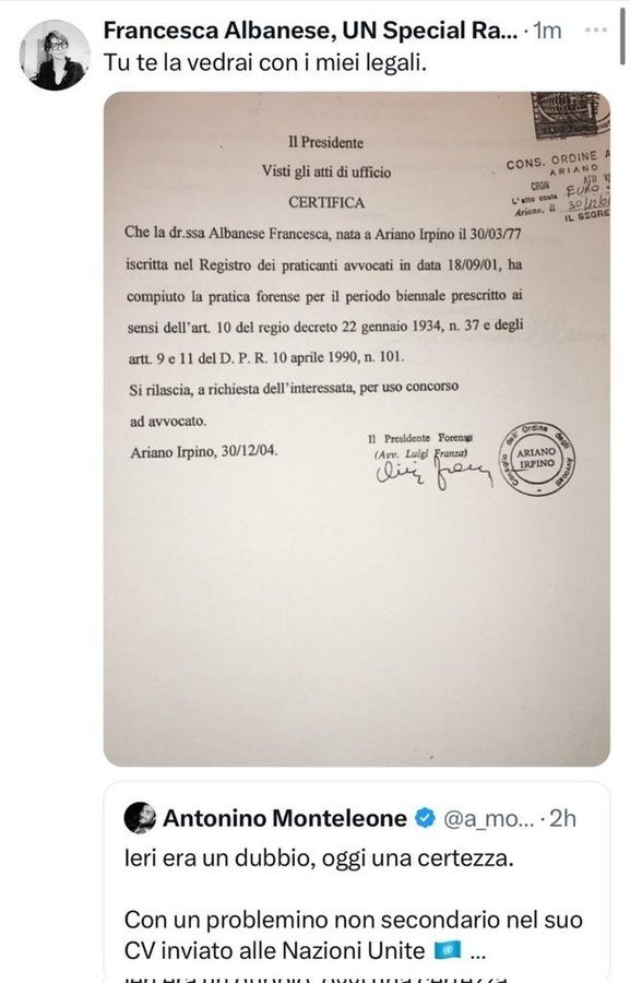 ricpuglisi's tweet photo. A proposito di ricerca della verità e di peculiari tentativi di intimorirmi, è bello illustrare alcune tappe nel caso di Francesca Albanese.

1) Tappa iniziale:

"Tu te la vedrai con i miei legali"

2) Tappa intermedia:

"Per favore informi il buon uomo che NON sono iscritta all'ordine degli avvocati in Italia. Ho completato la pratica e scelto di non esercitare la professione forsense in Italia. 
Magari adesso puo' tornare a fare ricerca visto che mi sembra di capire che abbia anche una cattedra, e smettere di fare l'ispettore Gadget, ricoprendosi di ridicolo. Per altro al tempo di un genocidio."

3) Tappa finale, su Vanity Fair [risposta poi modificata, chissà perché]:

"Io non mento mai. Non ho fatto l'esame da avvocato perché non faccio l'avvocato, e non l'ho mai voluto fare."
