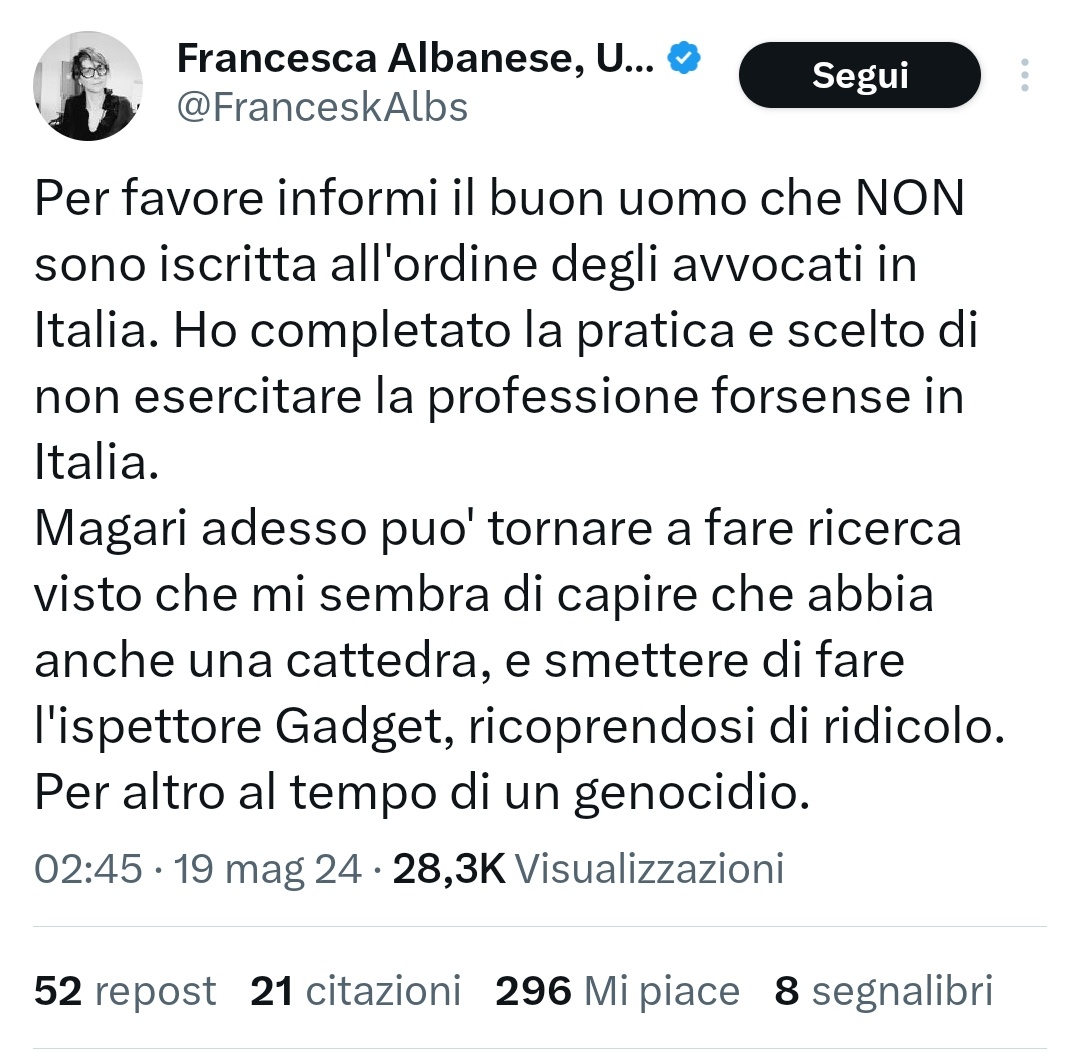 ricpuglisi's tweet photo. A proposito di ricerca della verità e di peculiari tentativi di intimorirmi, è bello illustrare alcune tappe nel caso di Francesca Albanese.

1) Tappa iniziale:

"Tu te la vedrai con i miei legali"

2) Tappa intermedia:

"Per favore informi il buon uomo che NON sono iscritta all'ordine degli avvocati in Italia. Ho completato la pratica e scelto di non esercitare la professione forsense in Italia. 
Magari adesso puo' tornare a fare ricerca visto che mi sembra di capire che abbia anche una cattedra, e smettere di fare l'ispettore Gadget, ricoprendosi di ridicolo. Per altro al tempo di un genocidio."

3) Tappa finale, su Vanity Fair [risposta poi modificata, chissà perché]:

"Io non mento mai. Non ho fatto l'esame da avvocato perché non faccio l'avvocato, e non l'ho mai voluto fare."