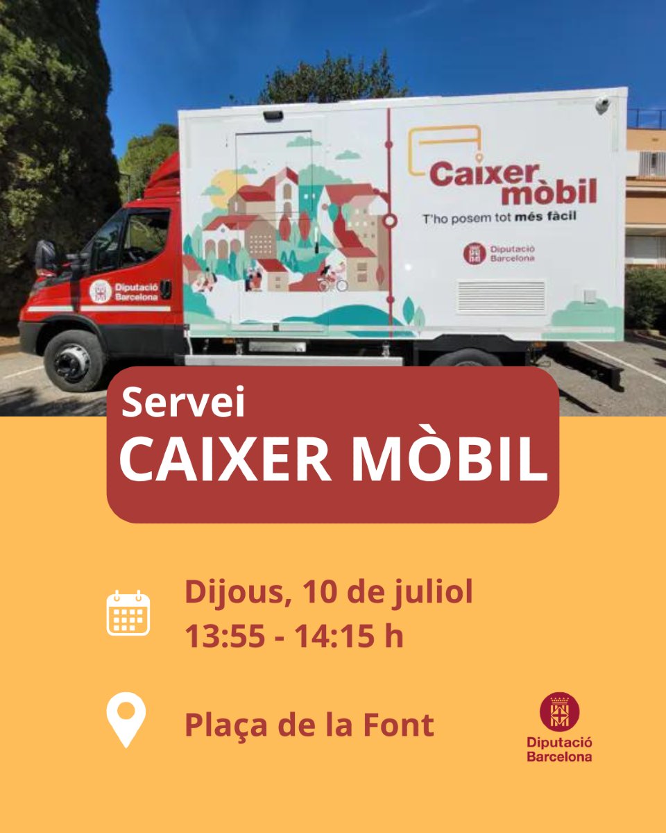 El caixer mòbil de la Diputació de Barcelona arriba de nou a Jorba
🗓️Dijous 10 de juliol
Es podrà retirar efectiu i fer altres gestions com consultar el saldo, fer el pagament de tributs, entre altres, 🌟sense haver de pagar comissió
🕛13:55 - 14:15h
📍Plaça de la Font