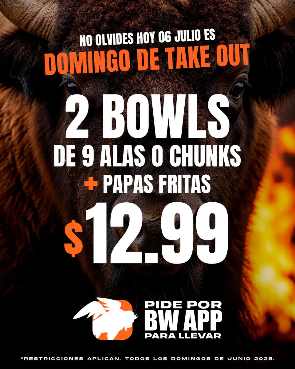 Los Domingos son de TAKE OUT: Dos bowls de 9 alas ó chunks + papas fritas $12.99 al pedir únicamente a través de nuestra APP 📲 Aplica desde las 11:30am.

*Válido Domingo 6 de julio 2025.