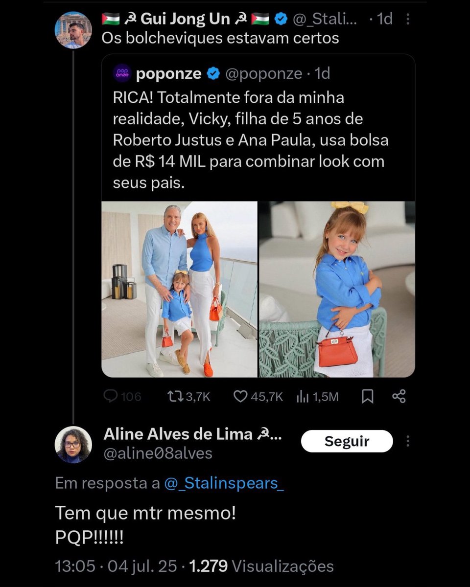 mfriasoficial's tweet photo. Lógica esquerdista:

Filha de 5 anos de Roberto Justus — um bilionário que investe e empreende desde novo — aparece com uma bolsa de R$14 mil: “Tem que matar mesmo!”

Erika Hilton, deputado pago com dinheiro público, ostenta uma bolsa de R$24 mil: “divaaaa!”

A verdade é simples: a esquerda não odeia o luxo.
Ela odeia quem conquista sem depender do Estado.