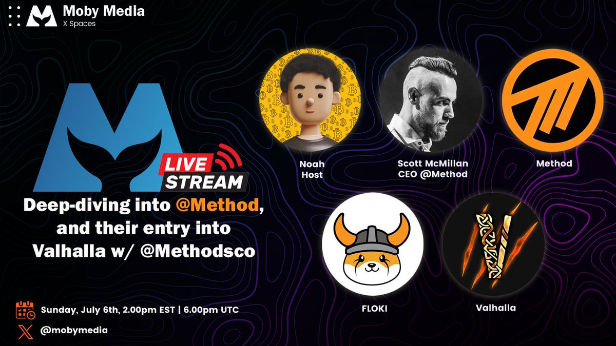Join us today at 2 PM EST/6 PM UTC with <a href="/WCTNoah/">Noah</a> for a LIVE broadcast you won't want to miss❗️

Appearances by: 🎙
-<a href="/Methodsco/">Scott McMillan</a> (CEO, <a href="/Method/">Method</a>)
-<a href="/RealFlokiInu/">FLOKI</a>
-<a href="/ValhallaP2E/">Valhalla</a>

Set your reminders for our upcoming LIVE broadcast!🧡🐳