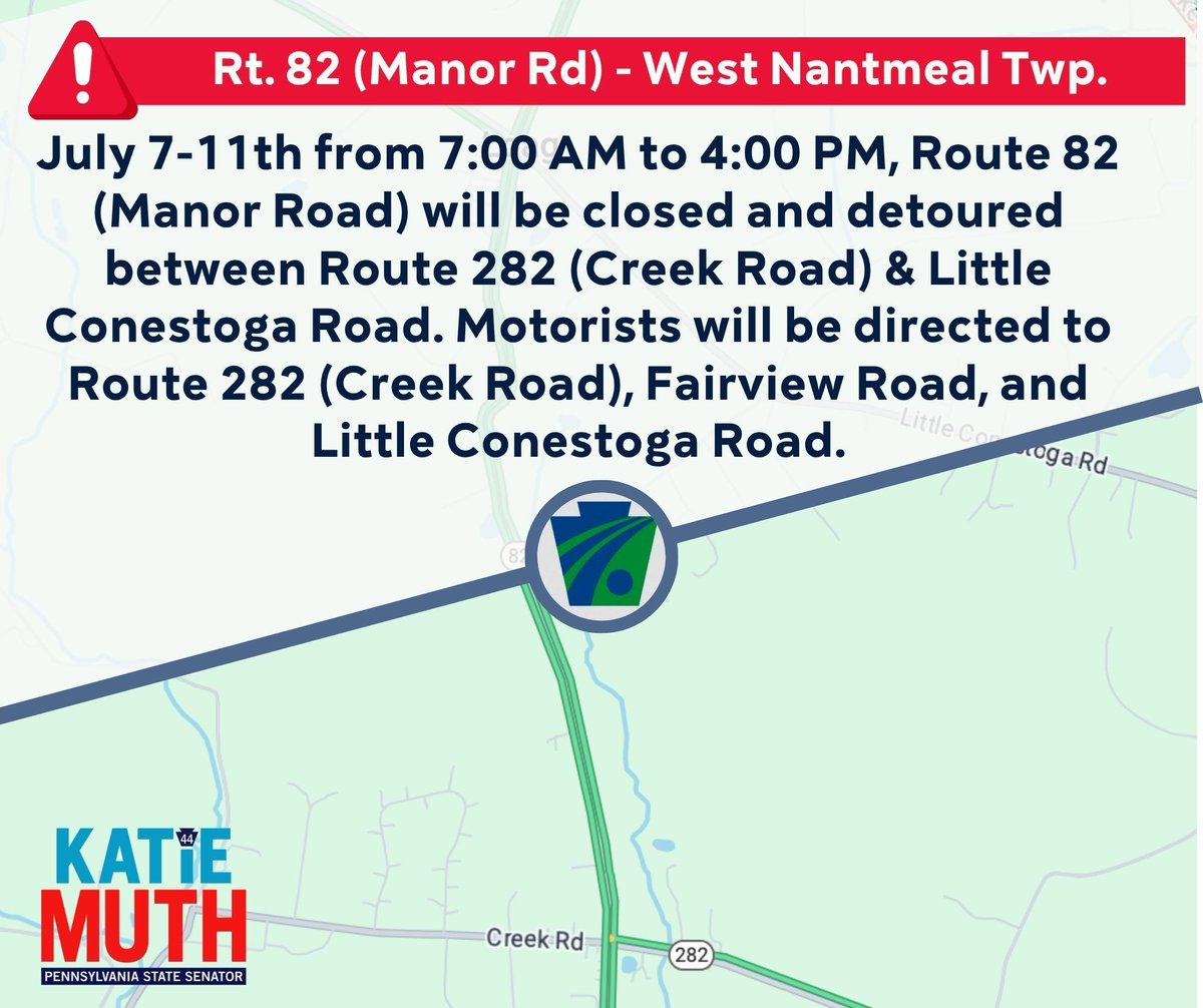 Monday, July 7, through Friday, July 11, from 7:00 AM to 4:00 PM, Route 82 (Manor Road) will be closed and detoured between Route 282 (Creek Road) and Little Conestoga Road. Motorists will be directed to Route 282 (Creek Road), Fairview Road, and Little Conestoga Road.