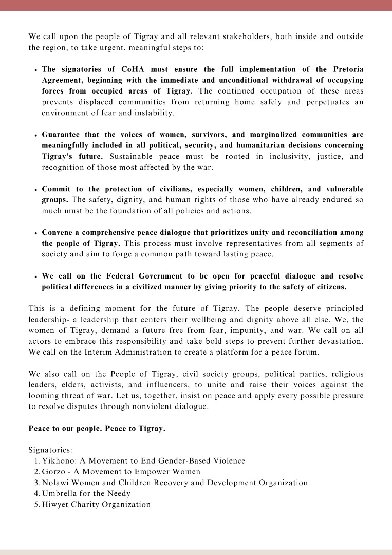 Joint Statement by Gorzo – A Movement to Empower Women – and Four Other Women-Led CSOs: A United Call for Peace from the Women-Led Civil Society Organizations of Tigray

#TigrayNeedsPeace
#Gorzo_ጎርዞ