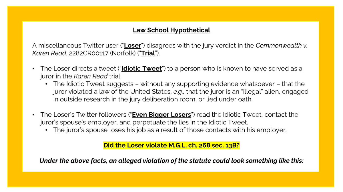 Nunya9877777's tweet image. How well do YOU understand the MA Witness & Juror Intimidation statute??
Test your legal acumen with this cheat sheet and hypothetical re: recent attacks on Karen Read jurors! 😂
Remember - the (alleged) conduct must include at least ONE bullet under EACH element!
#FTB🐢