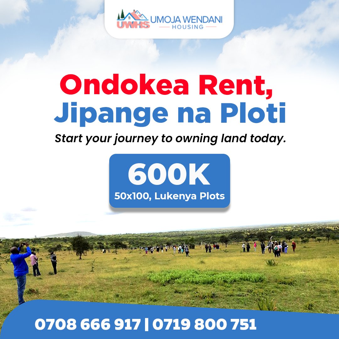 UmojaWendani's tweet photo. Ondokea rent. Jipange na ploti.
Lukenya 50 by 100 plots now going for just 600K.
Call or WhatsApp: 0719 800 751
.
.
.
.
.
#OndokeaRent #JipangeNaPloti #LukenyaPlots #OwnYourLand #AffordablePlots #RealEstateKenya #LandInvestment #PlotForSale #BuildYourFuture #UmojaWendaniHousing https://t.co/689Ht2NXsL
