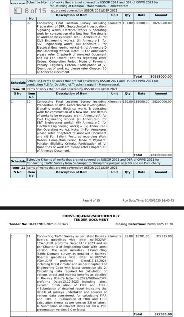 Southern Railway has called for tenders for conducting various surveys for:

1. Final Location Survey for new BG line between Tindivanam - Sedarapet (35 km) and traffic survey between Sedarapet - Tiruppadiripuliyur (Cuddalore) via Puducherry (35 km) as part of the Tindivanam -