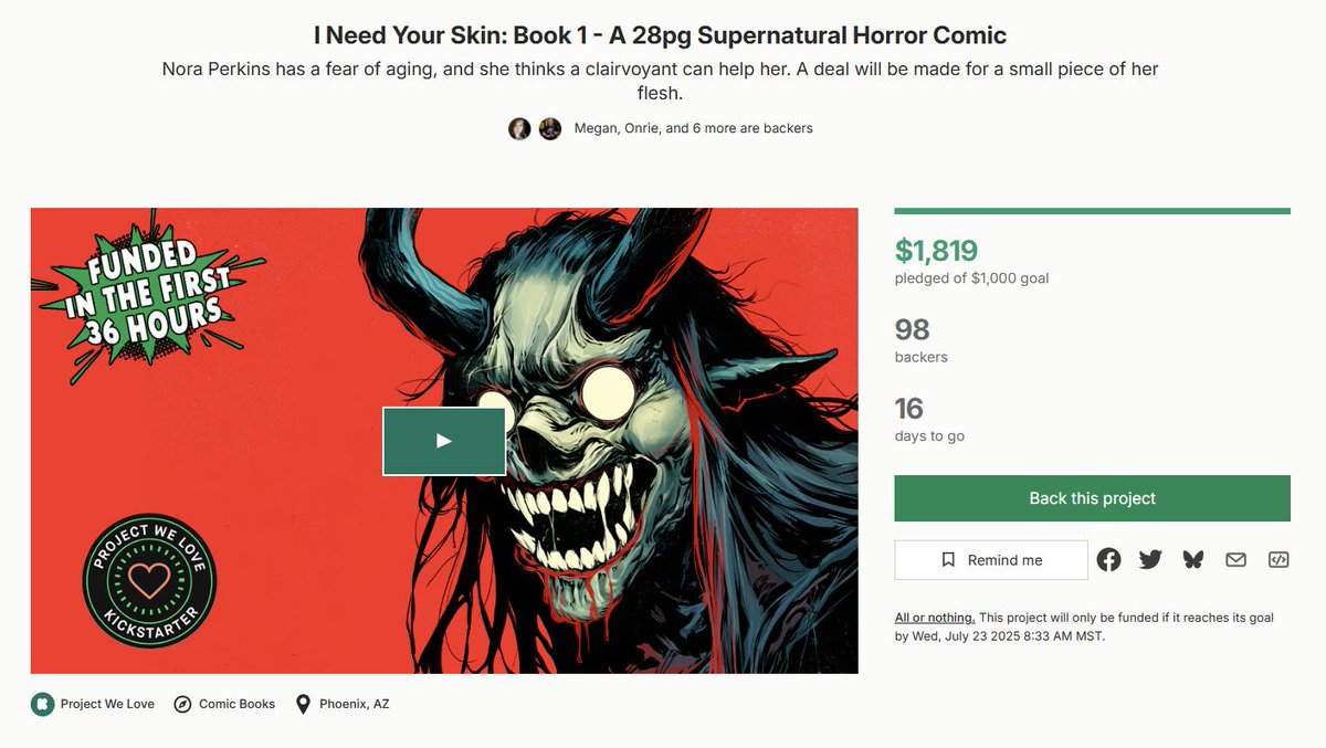 98 Backers....can we hit 100 this TODAY?
🪄LIVE ON KICKSTARTER🪄
kickstarter.com/projects/geekc… 
I Need Your Skin: Book 1 - A 28pg Supernatural Horror Comic
Nora Perkins has a fear of aging, and she thinks a clairvoyant can help her. A deal will be made for a small piece of her flesh.